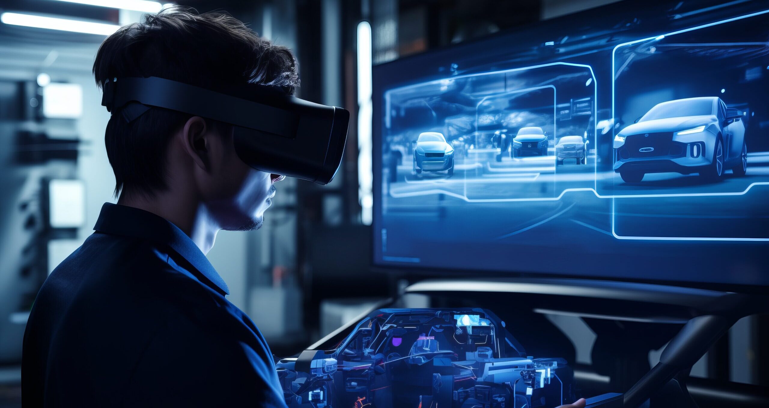 Automotive Engineer Leverages Virtual Reality Headset For Virtual Electric Car 3d Model Design Evaluation And Enhancement. Vehicle Prototype Assessed And Fine Tuned, Generative Ai