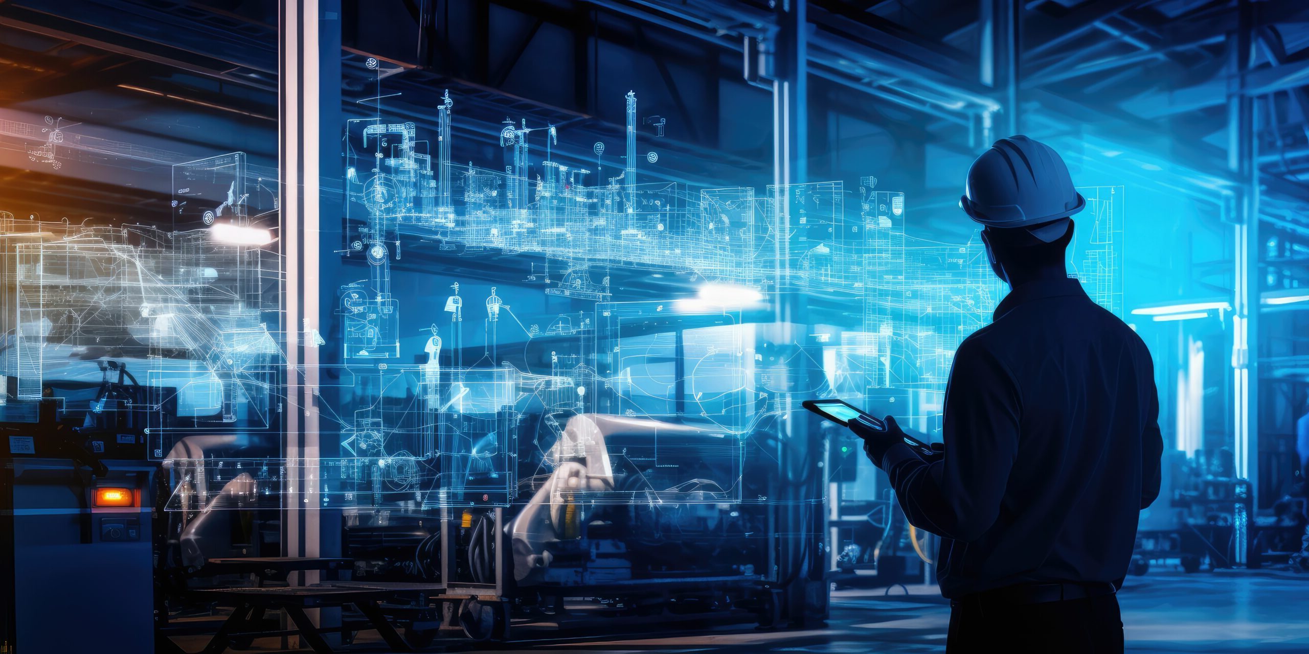 Silhouette engineer control auto robot in industry 4.0 manufacturing with smart connect communication technology including 5g, artificial intelligent AI, big data, IOT. Warm background